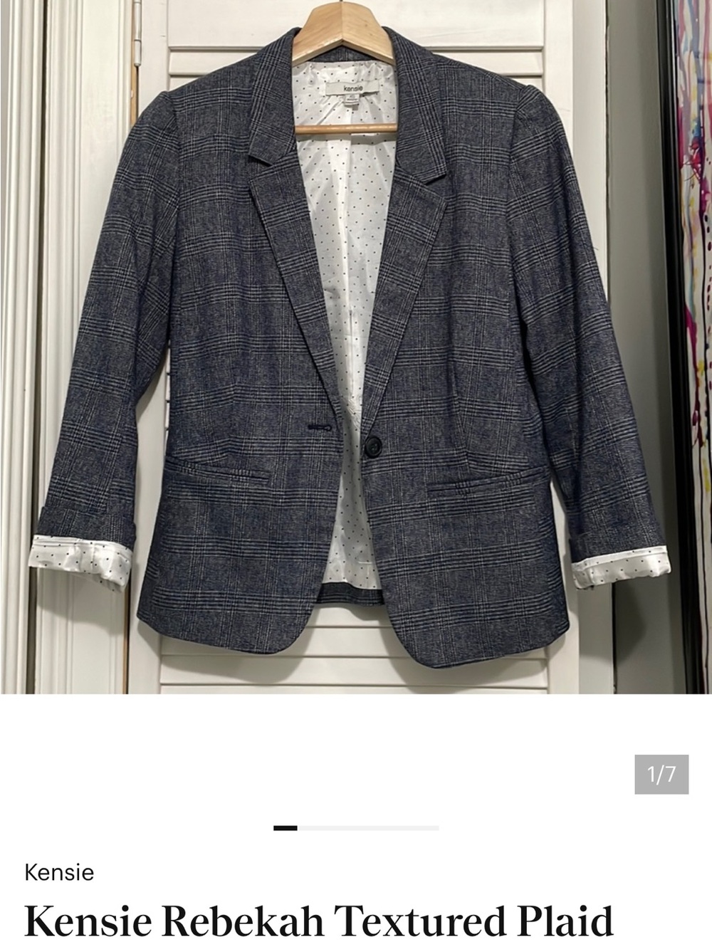 Kensie Navy and Gray Plaid Single-Button Blazer
